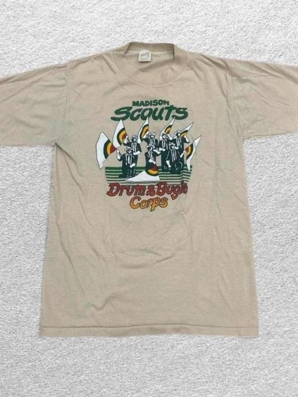 Vintage Madison Scouts Drum and Bugle Corps Graphic Tshirt Sportswear 70s Tan M